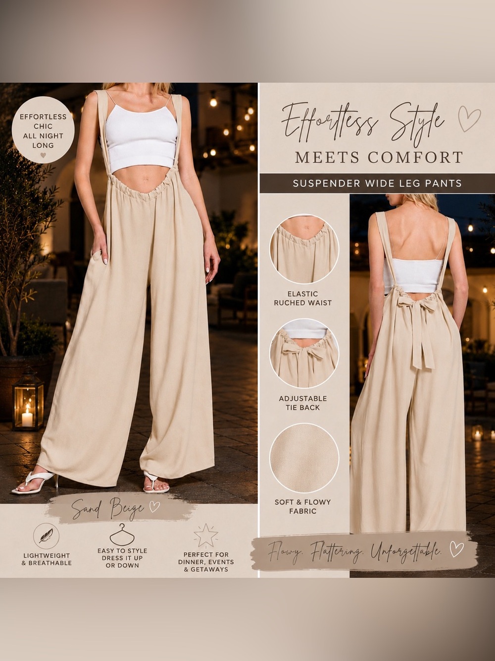 🆕 Sand Beige Wide Leg Suspender Jumpsuit Adjustable Tie Back Rayon Romper S M L